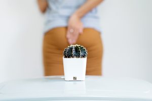 Femme floue de dos, avec un cactus en premier plan